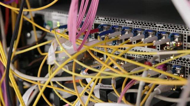 Internet modem with cables and electric plugs hardware technology connection network communication infrastructure concept in 4K Ultra HD footage.
