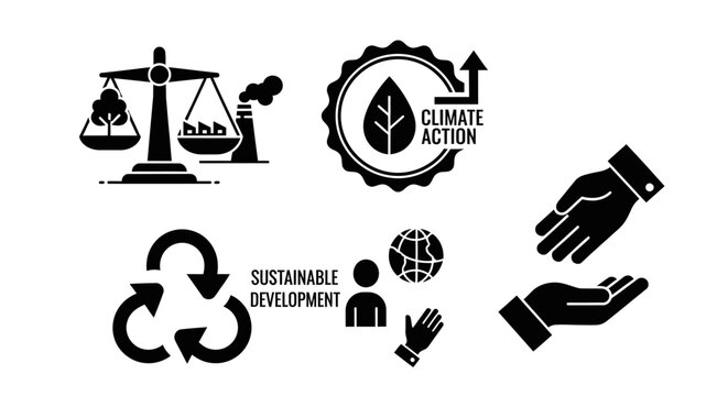 Climate Action and Sustainable Development Icons: Balance, Recycle, Hands, Globe