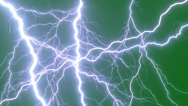 Realistic lightning strikes and electrical bolts flashing across a green screen for visual effects compositing