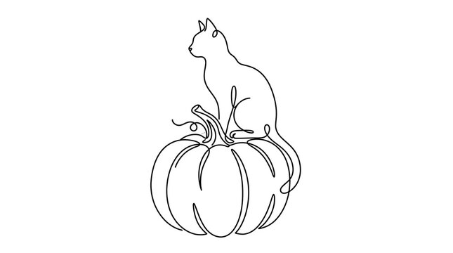 Continuous line drawing of a cat sitting on a pumpkin