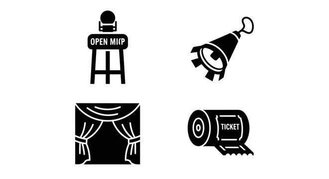 Collection of Event Icons: Microphone, Megaphone, Stage Curtains, Ticket Roll