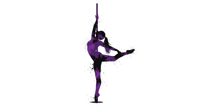 Artistic silhouette of a female pole dancer performing a dynamic pose on a vertical pole with purple watercolor paint splashes and ink splatter effect on a white background.