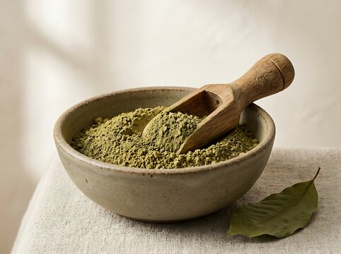 Fresh green matcha tea powder in a ceramic bowl with a wooden scoop. kratom powder