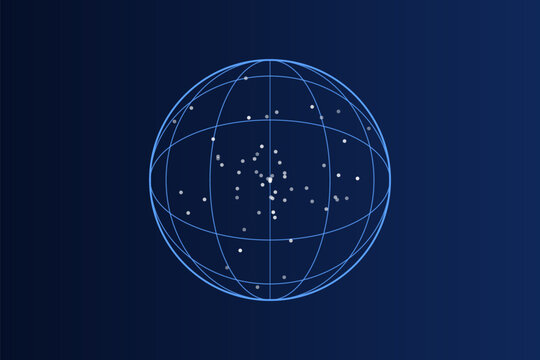 A wireframe globe featuring a spherical grid of blue lines and scattered white dots on a dark blue gradient background