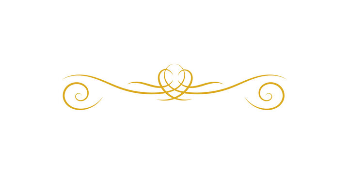 Elegant golden ornamental divider with symmetrical scroll work and heart like flourish design element, isolated on transparent background