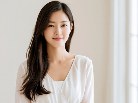 白い服を着た清楚な笑顔の若い女性 