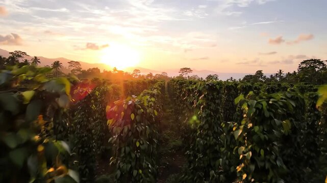 Sweeping drone shot over a lush tropical plantation with rows of tall trees covered in ripe black pepper berries during golden hour