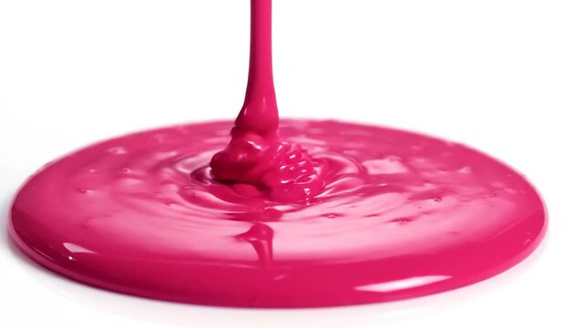 Thick vibrant pink high gloss liquid dripping slowly and pooling against a solid white studio background