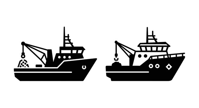 Fishing Boat Icons, Sea Vessel Silhouette, Marine Industry Vector