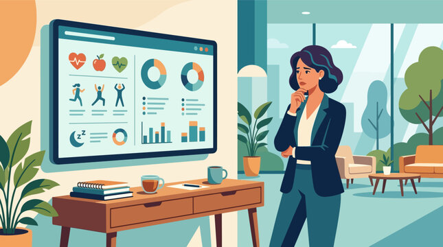 Worried businesswoman in a modern office looking at a digital dashboard displaying health and wellness metrics including heart rate, diet, fitness, and sleep data on a wall monitor.