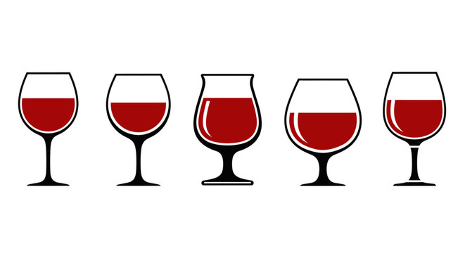 Five glasses of red wine on a white background