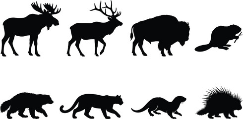 Naklejka premium North American Wildlife Animal Silhouette Collection Featuring Moose Elk Bison Beaver Wolverine Cougar Otter and Porcupine