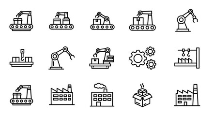Fototapeta premium Industrial Automation Icons: Robotic Arms, Conveyor Belts, Factories, Gears