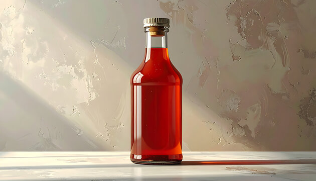 Glass bottle with cork stopper containing red liquid, rustic aged background, beverage, syrup, elixir, apothecary, food styling photography