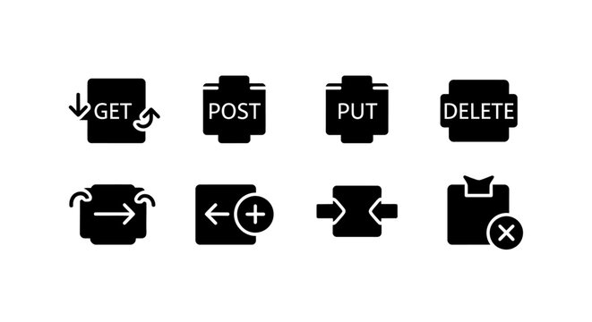 HTTP Request Methods Icons: GET, POST, PUT, DELETE, Data Transfer, Add, Connect, Remove