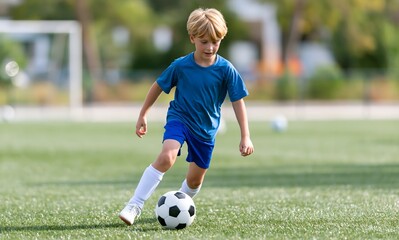 Obraz premium Young boy dribbling soccer ball on football field during training session, youth soccer player practicing ball control on green turf, child athlete improving football skills