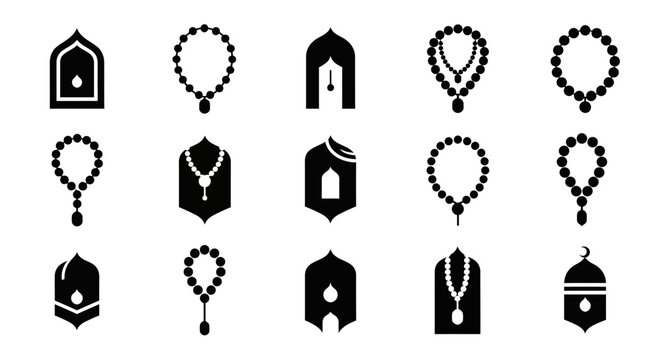 Islamic Prayer Beads and Mosque Icon Set - Rosary, Tasbih, Wudu Symbols