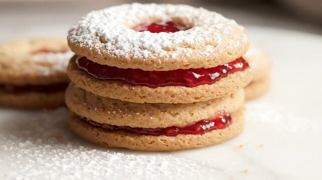 Cinematic close up of homemade sable biscuit cookies with strawberry jam filling rotating on a clean white surface