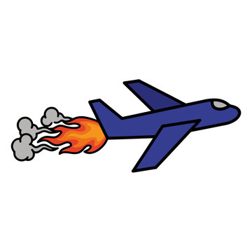 Blue jet plane with fiery exhaust in flat vector style