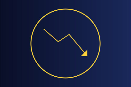 Yellow line graph showing a downward trend inside a circle on a dark blue background, financial loss symbol