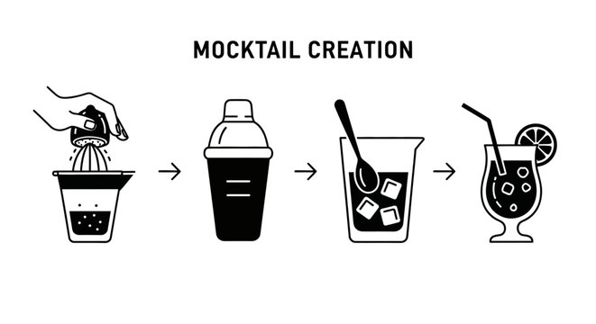 Mocktail Creation Process: Squeezing Fruit, Shaking, Mixing Ice, and Serving a Drink
