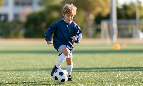 Young boy dribbling soccer ball on football field during training session, youth soccer player practicing ball control on green turf, child athlete improving football skills