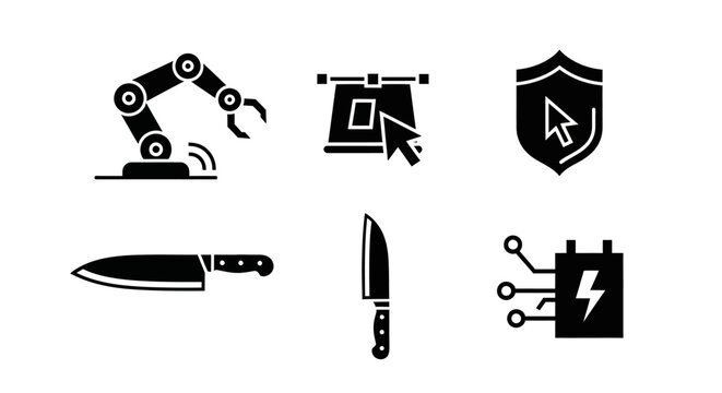 Robotics, Cybersecurity, Chef Knife, and Technology Icons Set