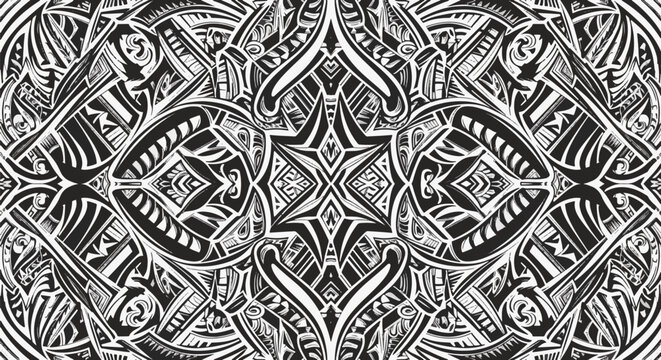 Black and white seamless Polynesian tribal pattern featuring intricate symmetrical geometric shapes, Pacific Island tattoo motifs, shark teeth, and spearhead designs for fabric or background.