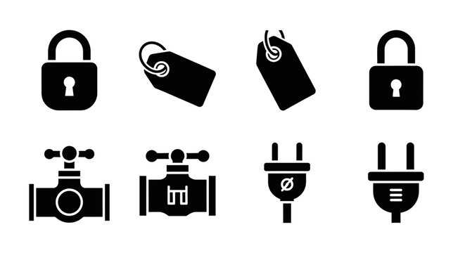 Security, Plumbing, and Electricity Icons: Padlock, Tag, Valve, Plug