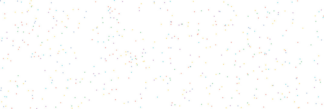 Scattered multicolored polka dots on a plain white background, minimalist pattern of small circular confetti shapes in red, blue, green, and yellow