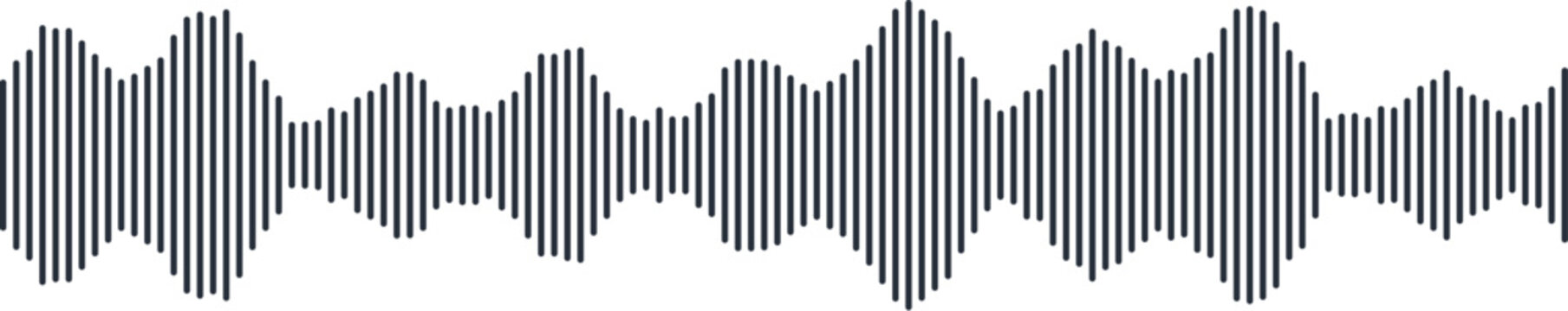Dark gray vertical bar sound wave visualization, digital audio frequency pattern on a plain white background, for media and, technology concepts