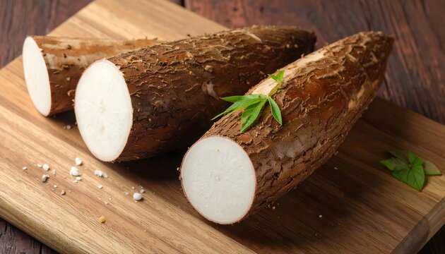 Freshly cut tapioca roots with slices on wooden cutting board for cooking preparation
