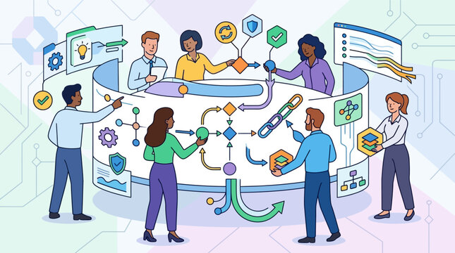 Corporate Memphis style illustration of a diverse team collaborating on a complex digital project management workflow involving data flowcharts, logic nodes, and software systems.