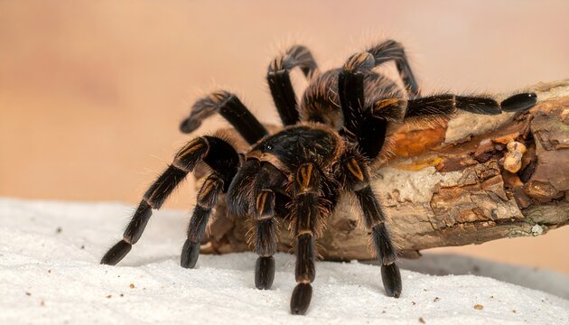 Close-up of large hairy tarantula spider walking on white sandy desert ground