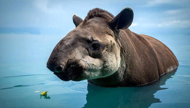 Wild tapir swimming in clear tropical river under bright blue sky