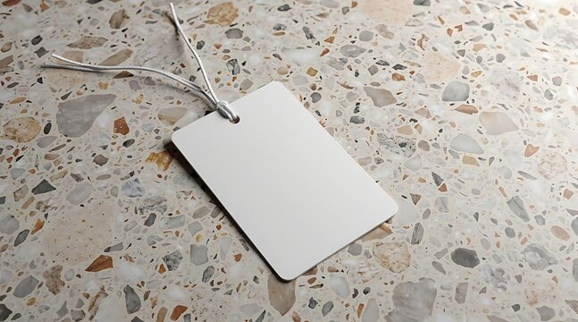 Blank White Rectangular Tag with String on Textured Surface.