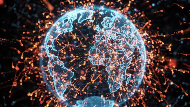 Global data transmission network with orange and red light particles flowing over a digital world map grid representing high speed internet connectivity