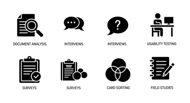 UX Research Methods Icons: Usability, Surveys, Interviews, Analysis