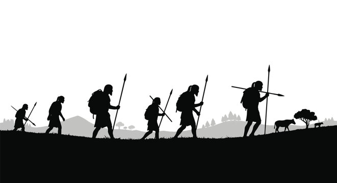 Black and white silhouette of ancient tribal hunters and travelers trekking across a prehistoric landscape with spears and packs, featuring nomadic figures on a grassy horizon.