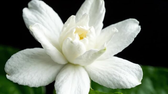 Macro time-lapse of a single jasmine flower bud blooming into a beautiful white blossom against a dark background