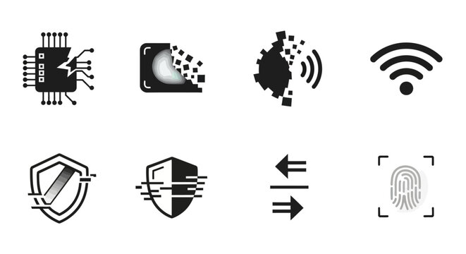 Digital Security Icons: Chip, Data Loss, Network, Wi-Fi, Shield, Biometrics