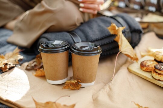 Cropped photo of two cups of takeaway tea on a blanket in autumn park