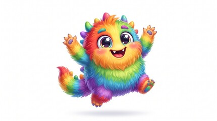 Naklejka premium Cute Rainbow Fluffy Monster Cartoon Character Jumping with Happy Expression