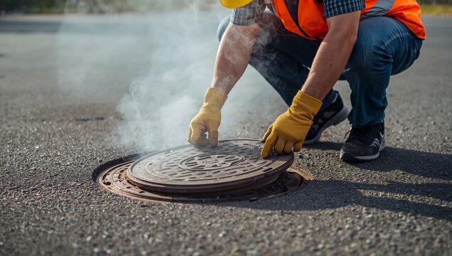 Construction worker opening smoking metal manhole cover on paved road