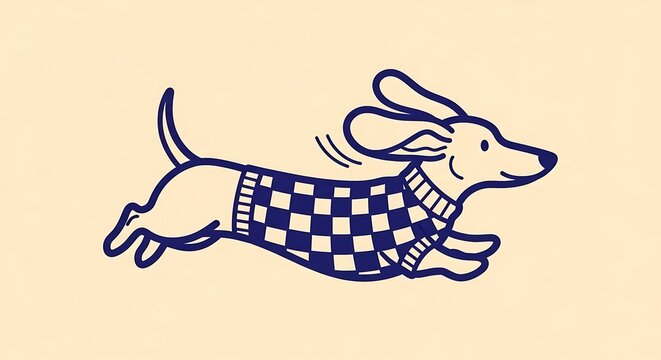 Cute running dachshund dog wearing a checkered sweater with dachshund, checkered