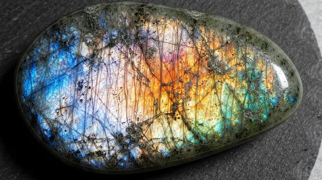 Top view of a natural unpolished labradorite stone with vibrant multicolored light reflections moving across the rough surface