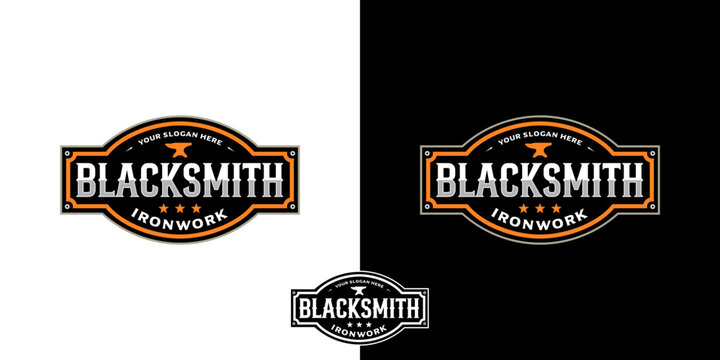 Blacksmith Ironwork Retro Logo Design with Vintage Anvil Emblem