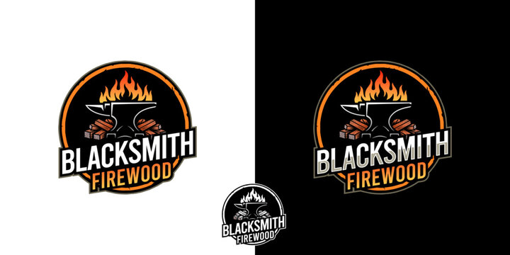 Blacksmith Firewood Logo Featuring Anvil Flames and Wood Logs