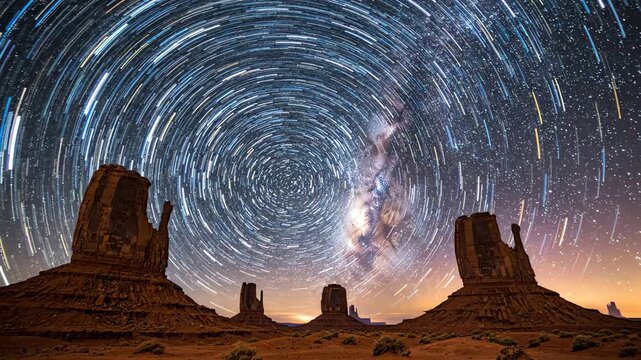 Breathtaking wide shot timelapse of countless glowing stars and cosmic dust rotating above ancient sandstone monoliths in a silent desert