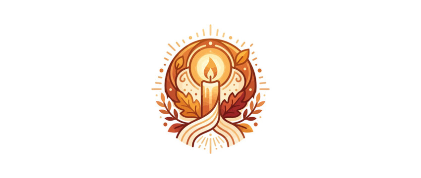 Autumn candle illustration with warm glowing light and fall leaves
